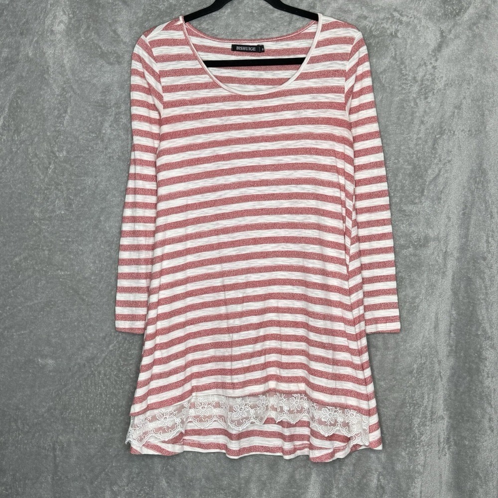Bishuige Small Top Shirt Red White Striped Long‎ Sleeve Scoop Neck Cotton Knit